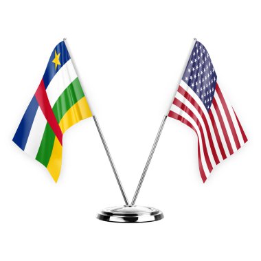 Two table flags isolated on white background 3d illustration, central african republic and usa