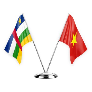 Two table flags isolated on white background 3d illustration, central african republic and vietnam