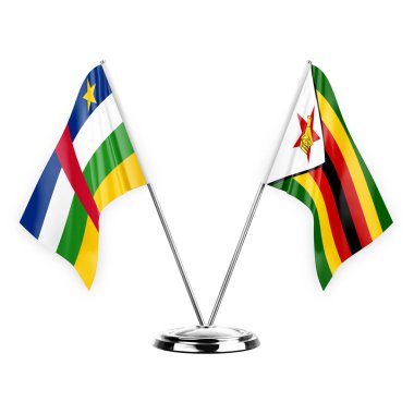 Two table flags isolated on white background 3d illustration, central african republic and zimbabwe