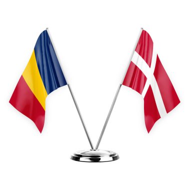 Two table flags isolated on white background 3d illustration, chad and denmark