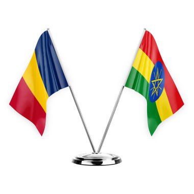 Two table flags isolated on white background 3d illustration, chad and ethiopia