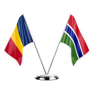 Two table flags isolated on white background 3d illustration, chad and gambia