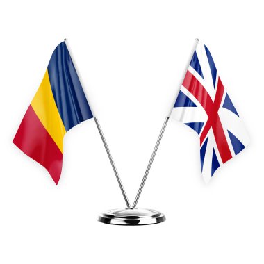 Two table flags isolated on white background 3d illustration, chad and britain