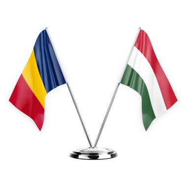 Two table flags isolated on white background 3d illustration, chad and hungary