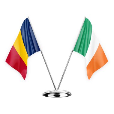 Two table flags isolated on white background 3d illustration, chad and ireland