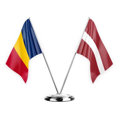 Two table flags isolated on white background 3d illustration, chad and latvia
