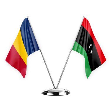 Two table flags isolated on white background 3d illustration, chad and libya
