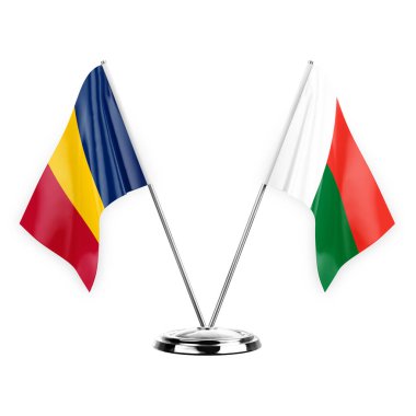 Two table flags isolated on white background 3d illustration, chad and madagascar