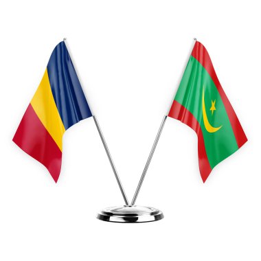 Two table flags isolated on white background 3d illustration, chad and mauritania