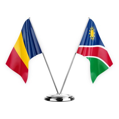 Two table flags isolated on white background 3d illustration, chad and namibia