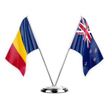 Two table flags isolated on white background 3d illustration, chad and new zealand
