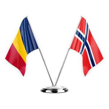 Two table flags isolated on white background 3d illustration, chad and norway