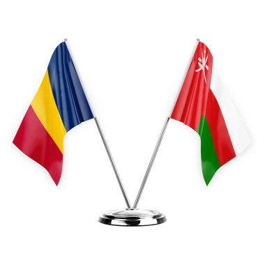 Two table flags isolated on white background 3d illustration, chad and oman