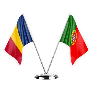 Two table flags isolated on white background 3d illustration, chad and portugal