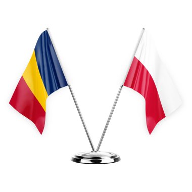 Two table flags isolated on white background 3d illustration, chad and poland