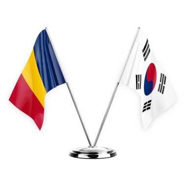 Two table flags isolated on white background 3d illustration, chad and south korea