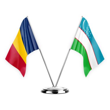 Two table flags isolated on white background 3d illustration, chad and uzbekistan