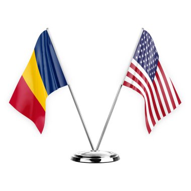 Two table flags isolated on white background 3d illustration, chad and usa