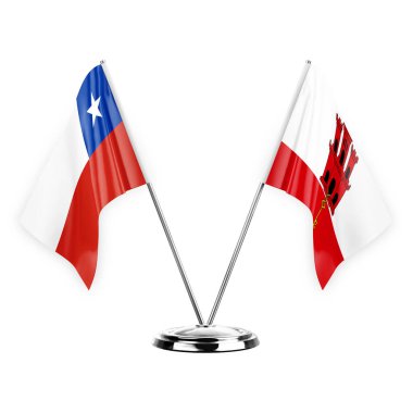 Two table flags isolated on white background 3d illustration, chile and gibraltar
