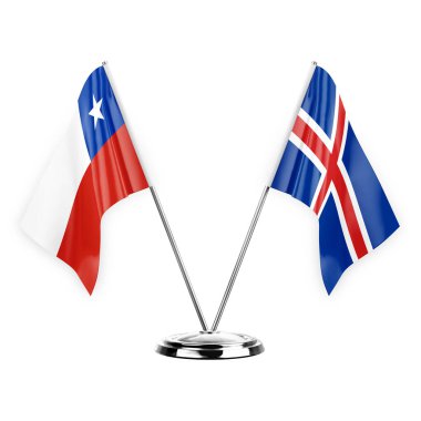 Two table flags isolated on white background 3d illustration, chile and iceland