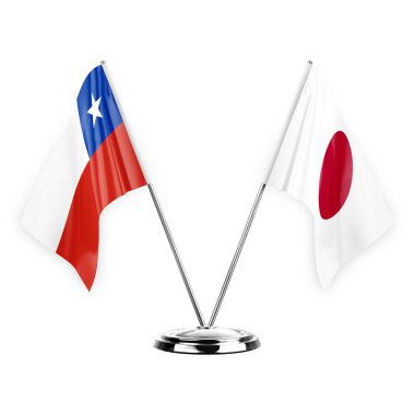 Two table flags isolated on white background 3d illustration, chile and japan