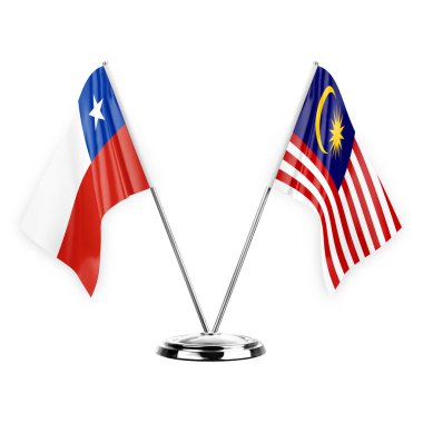 Two table flags isolated on white background 3d illustration, chile and malaysia