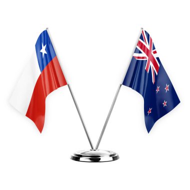 Two table flags isolated on white background 3d illustration, chile and new zealand