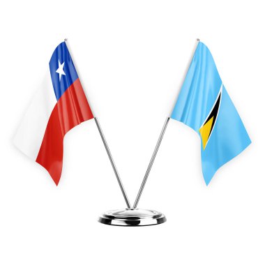 Two table flags isolated on white background 3d illustration, chile and saint lucia