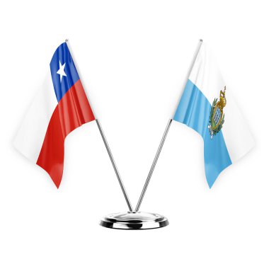 Two table flags isolated on white background 3d illustration, chile and san marino