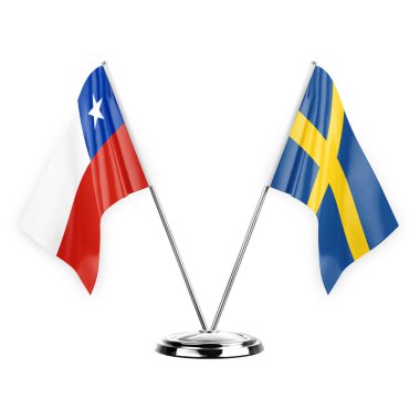 Two table flags isolated on white background 3d illustration, chile and sweden