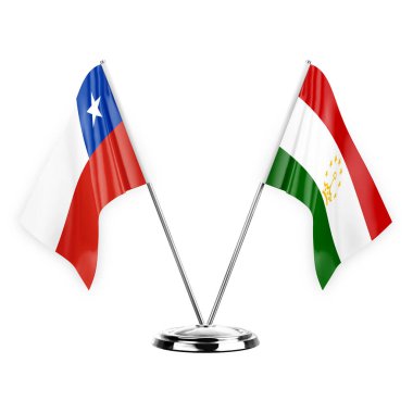 Two table flags isolated on white background 3d illustration, chile and tajikistan