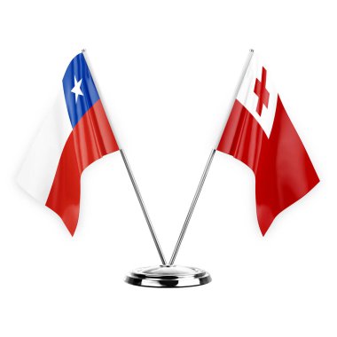 Two table flags isolated on white background 3d illustration, chile and tonga