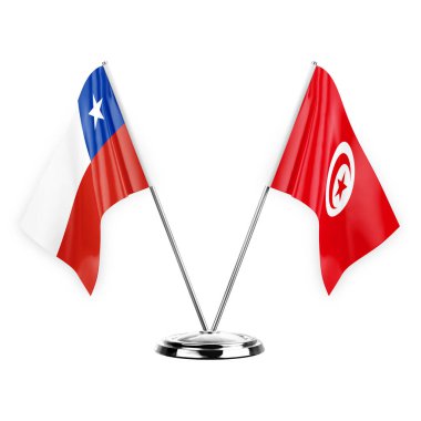Two table flags isolated on white background 3d illustration, chile and tunisia