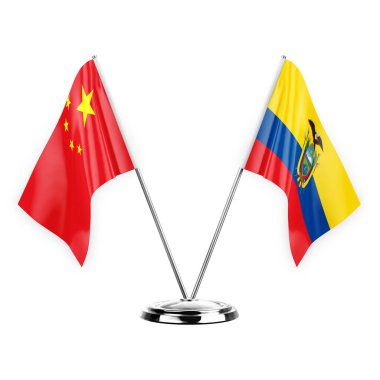 Two table flags isolated on white background 3d illustration, china and ecuador