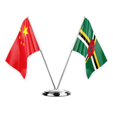 Two table flags isolated on white background 3d illustration, china and dominica