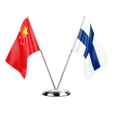 Two table flags isolated on white background 3d illustration, china and finland