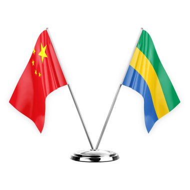 Two table flags isolated on white background 3d illustration, china and gabon