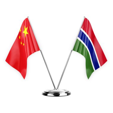 Two table flags isolated on white background 3d illustration, china and gambia