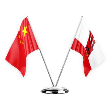 Two table flags isolated on white background 3d illustration, china and gibraltar