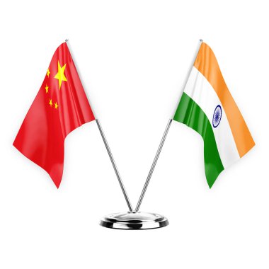 Two table flags isolated on white background 3d illustration, china and india