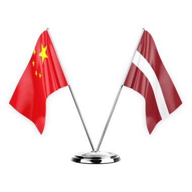 Two table flags isolated on white background 3d illustration, china and latvia