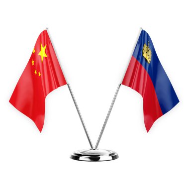 Two table flags isolated on white background 3d illustration, china and liechtenstein