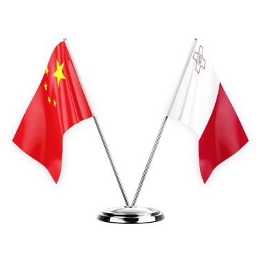 Two table flags isolated on white background 3d illustration, china and malta