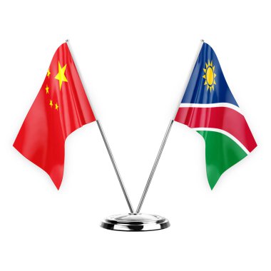 Two table flags isolated on white background 3d illustration, china and namibia
