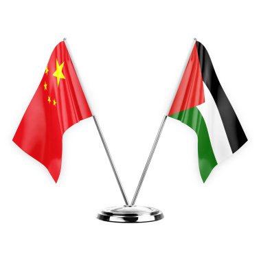 Two table flags isolated on white background 3d illustration, china and palestine
