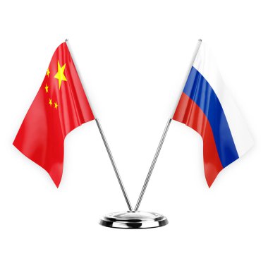 Two table flags isolated on white background 3d illustration, china and russia