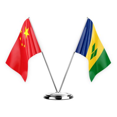Two table flags isolated on white background 3d illustration, china and saint vincent and the grenadines