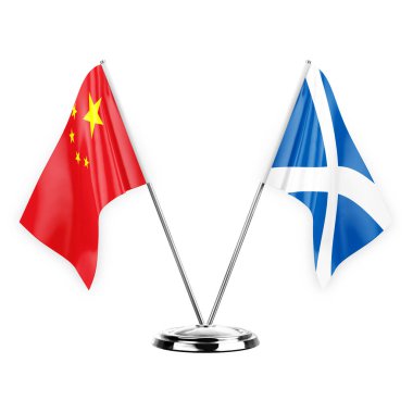 Two table flags isolated on white background 3d illustration, china and scotland