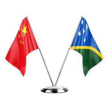 Two table flags isolated on white background 3d illustration, china and solomon islands