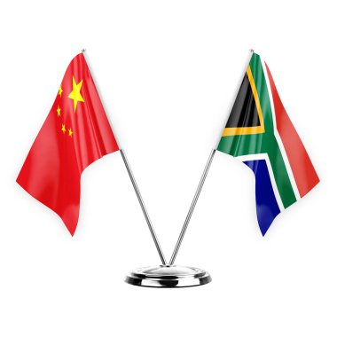 Two table flags isolated on white background 3d illustration, china and south africa